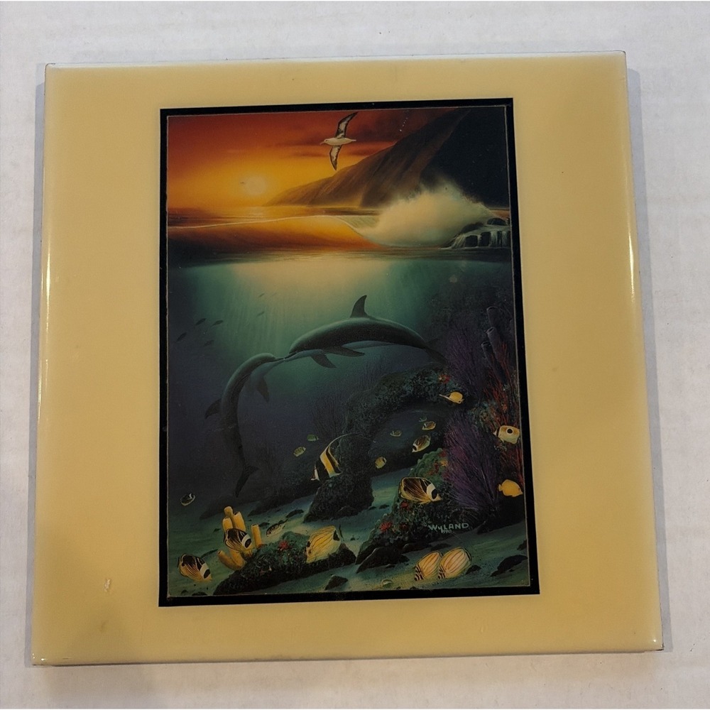 Wyland Kissing Dolphins Ceramic ARTile 1990 Signed Wall Tile 8" A.R.T.CO USA